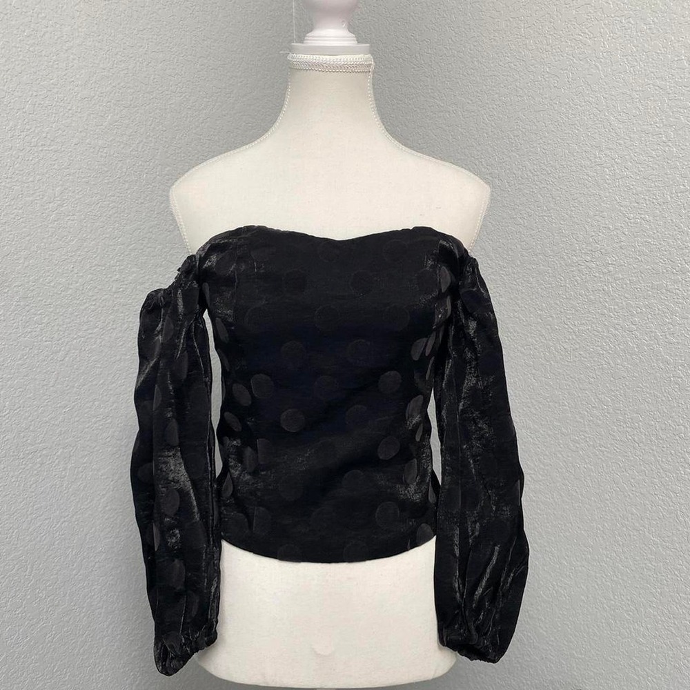 MANGO BLACK VELVET POLKA DOT PUFFY SLEEVES OFF SHOULDER CROP TOP FAIRY GRUNGE